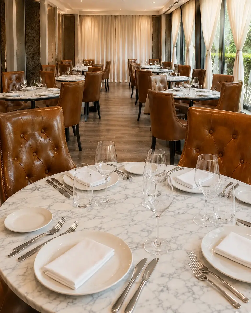 A round marble table set for four at CALI Raffles Place, with the dining room behind.