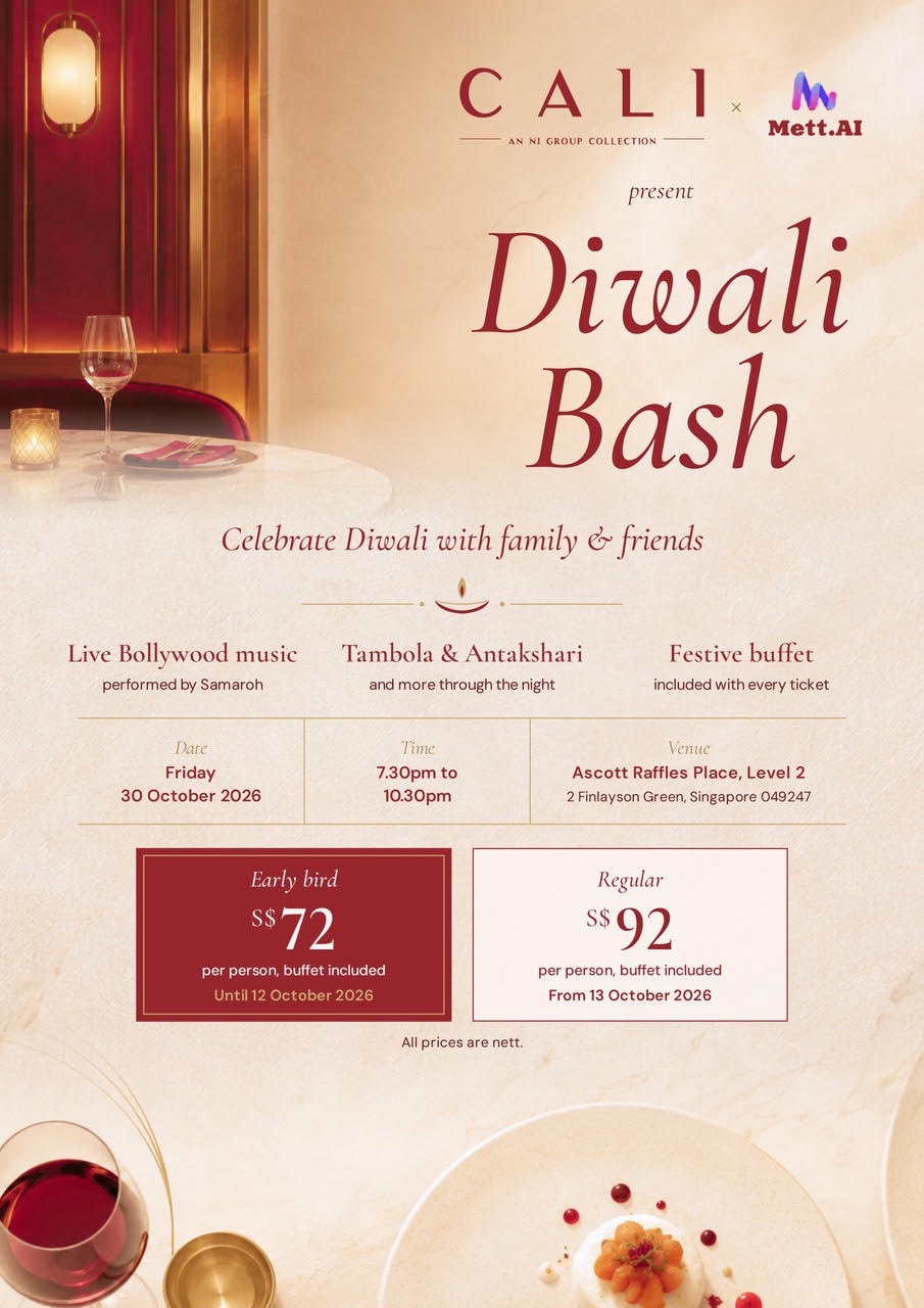Diwali Bash 2026 poster — CALI × Mett.AI present Diwali Bash, Friday 30 October 2026, Ascott Raffles Place Level 2