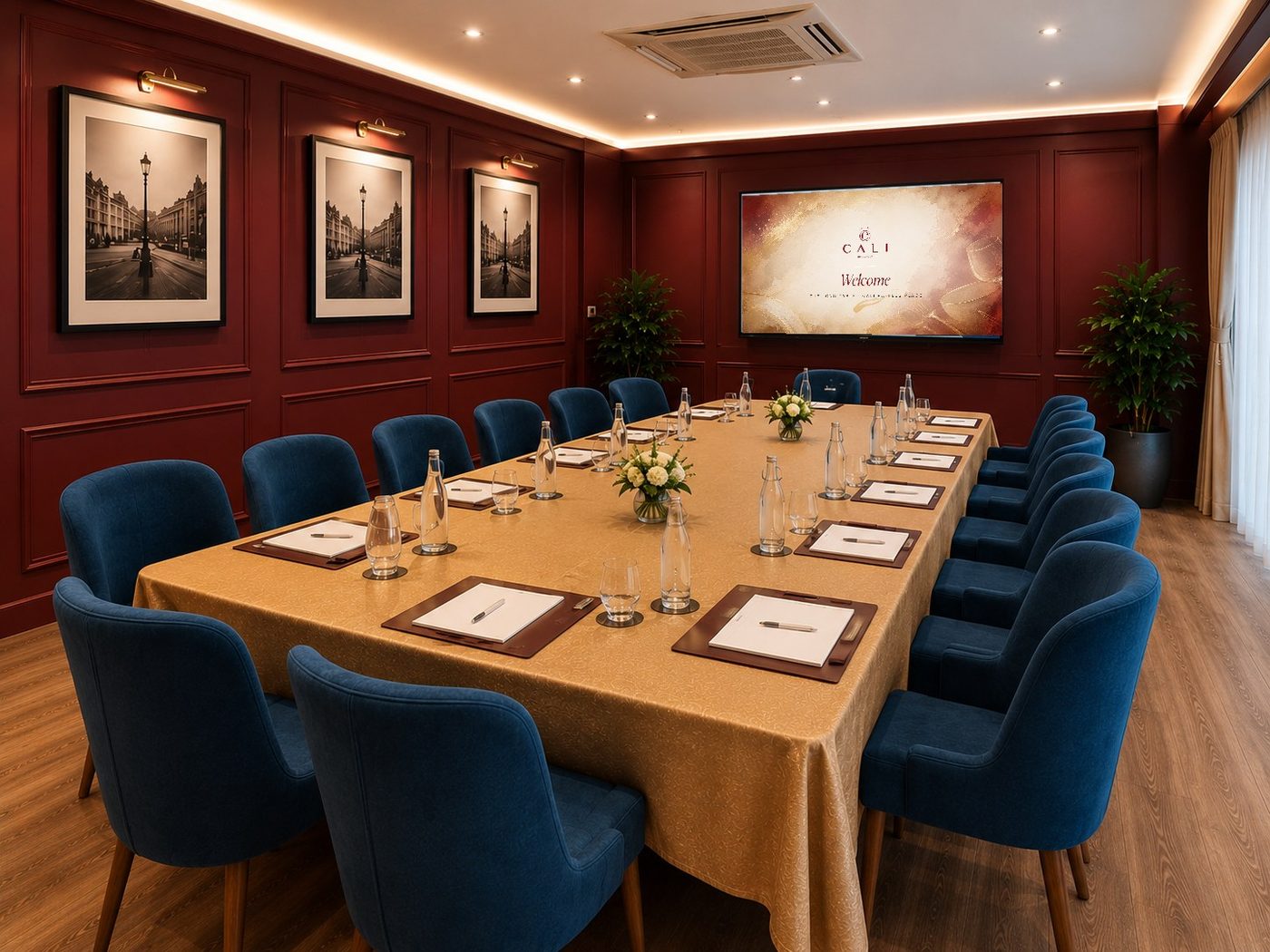 The Long Table set boardroom-style for twenty at CALI Raffles Place, with the 72-inch screen