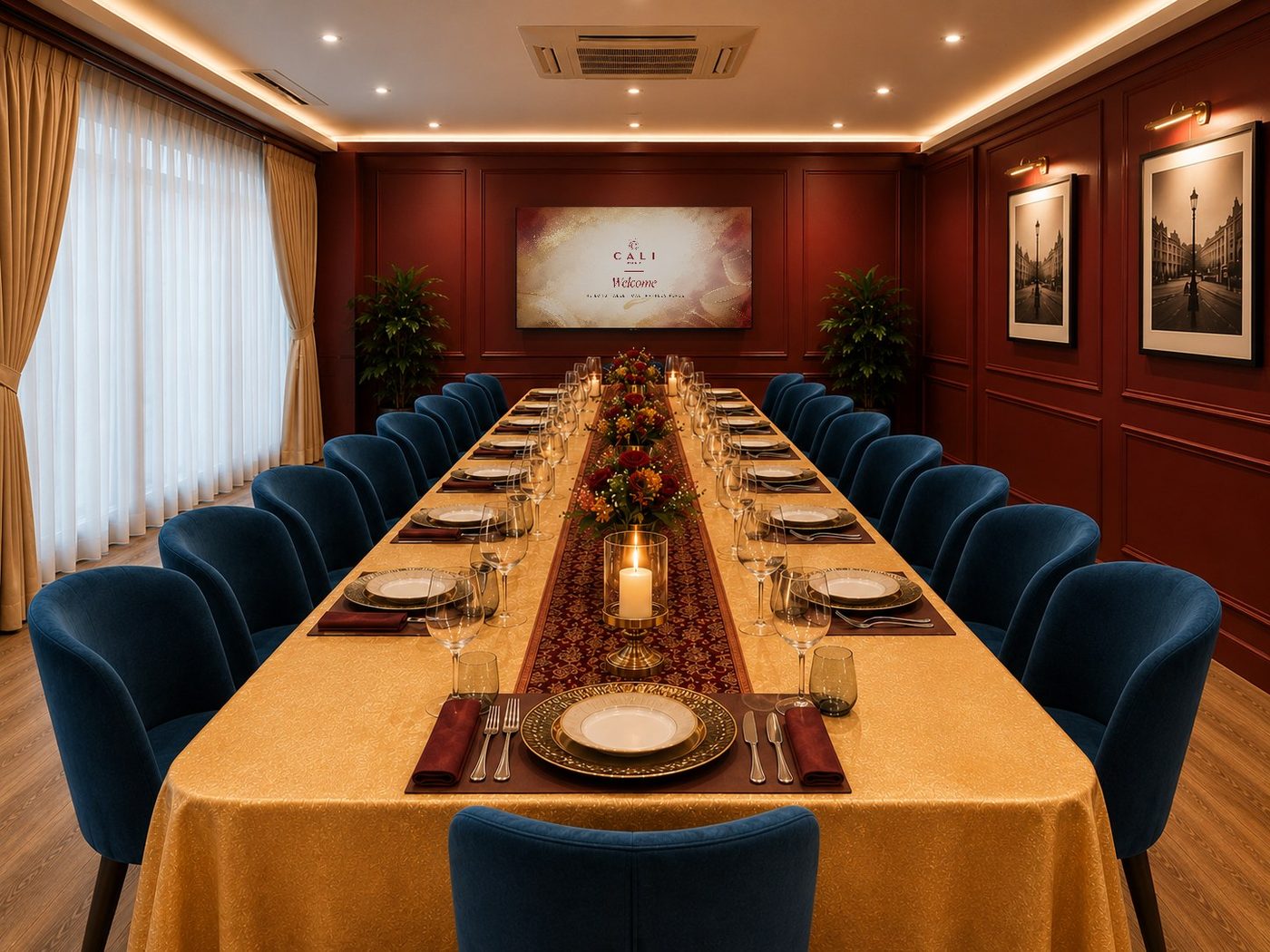 Celebration setting with florals and candlelight at The Long Table, CALI Raffles Place