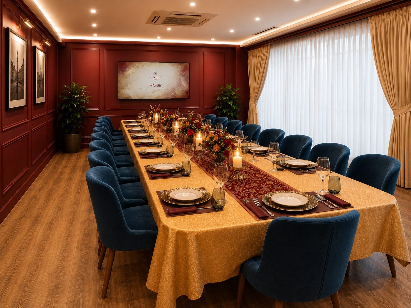 Long-table dining setting for a private dinner at CALI Raffles Place